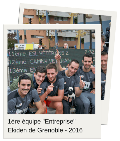 1ère équipe entreprise de l'Ekiden de Grenoble 2016 avec Pierre-Ambroise Bosse en supporter